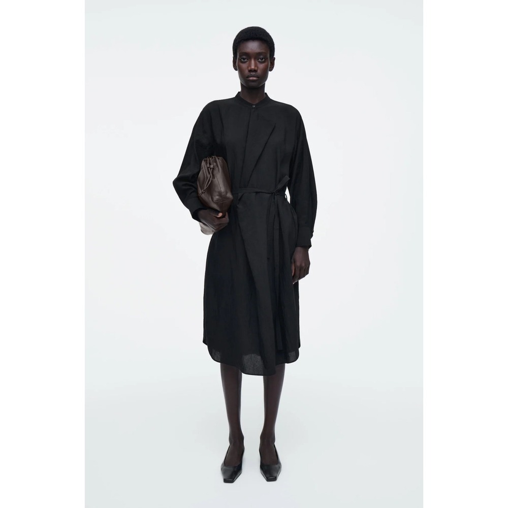 COS Women's Draped Belted Midi Shirt Dress Black Basic Sleeved 8 NWT Minimalist